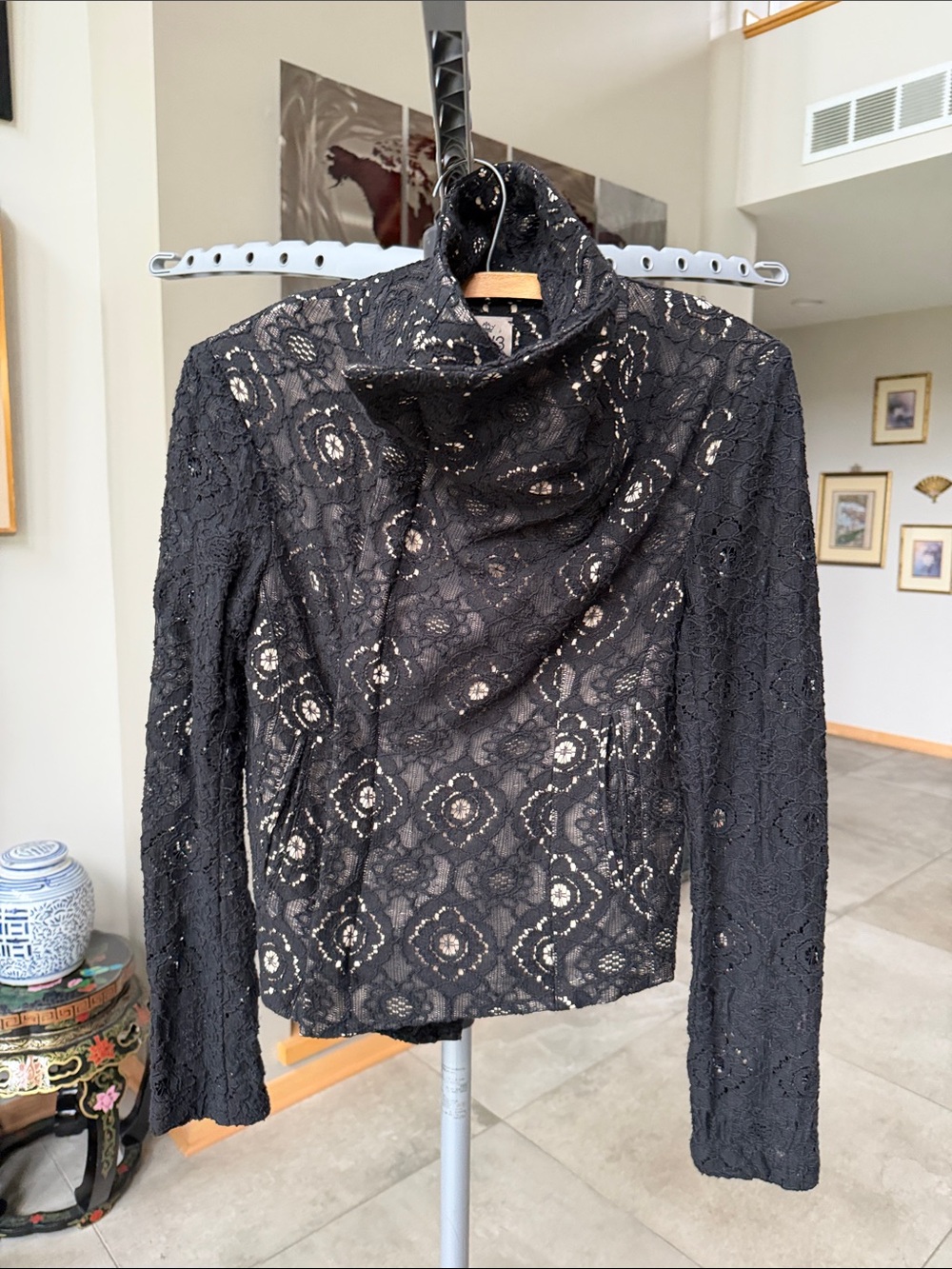 SW3 Bespoke Black Lace Pinstripes Lined Moto Jacket - Women’s size S